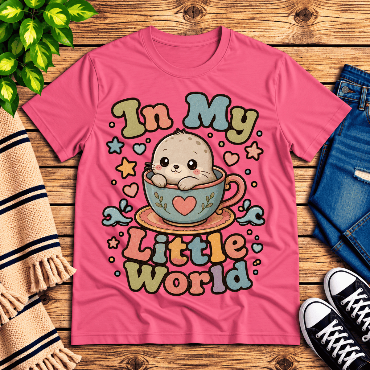 In My Little World cute animal graphic t-shirt cozy flat lay in charity pink.