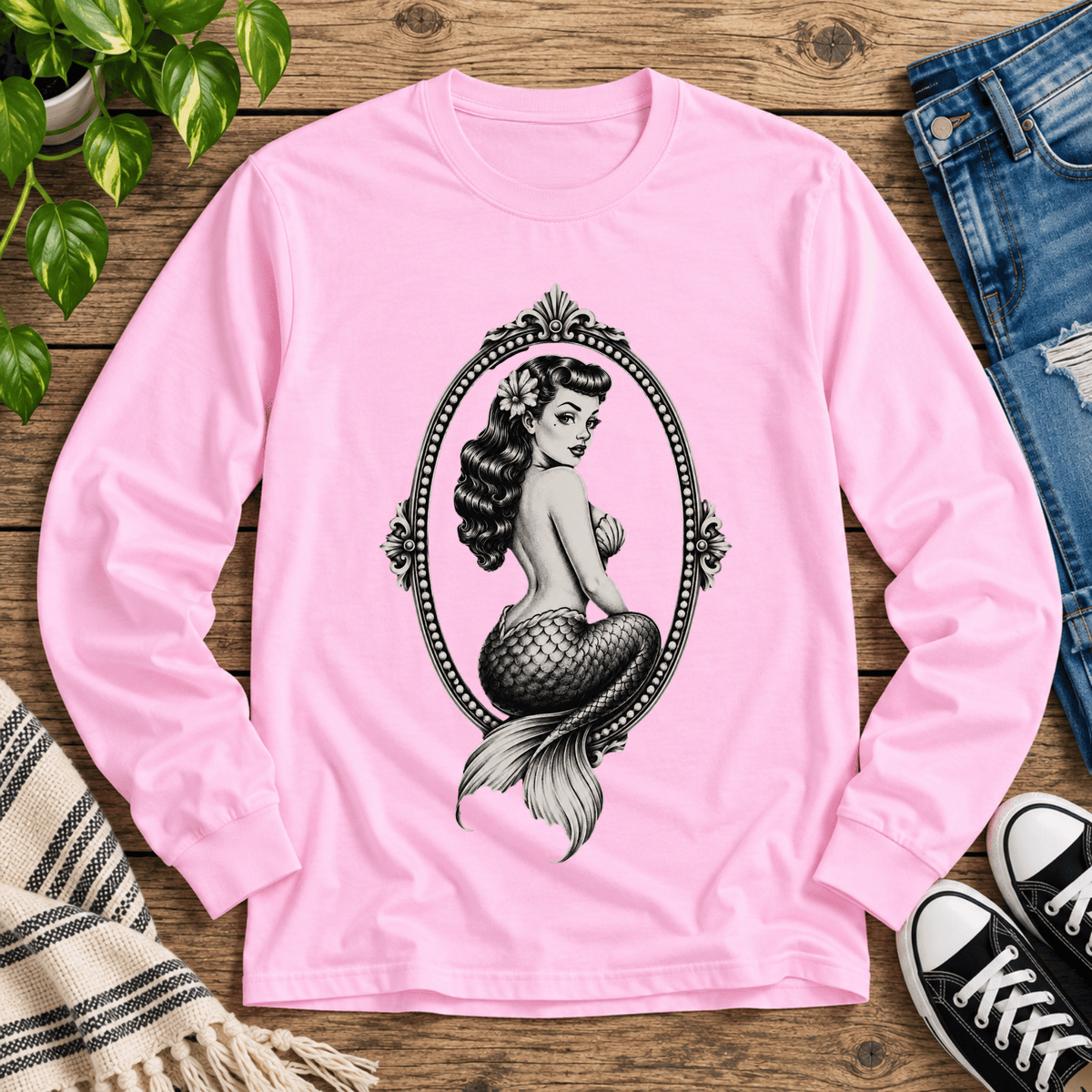Mermaid Cameo vintage pinup graphic long sleeve t-shirt cozy flat lay in classic pink.