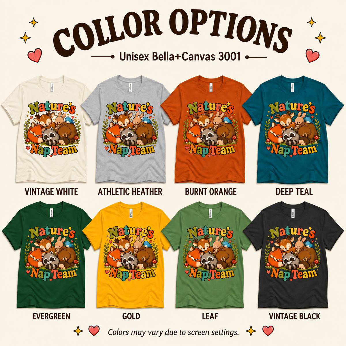 A color chart showing all the color options for Nature's Nap Team cute animal graphic t-shirt.