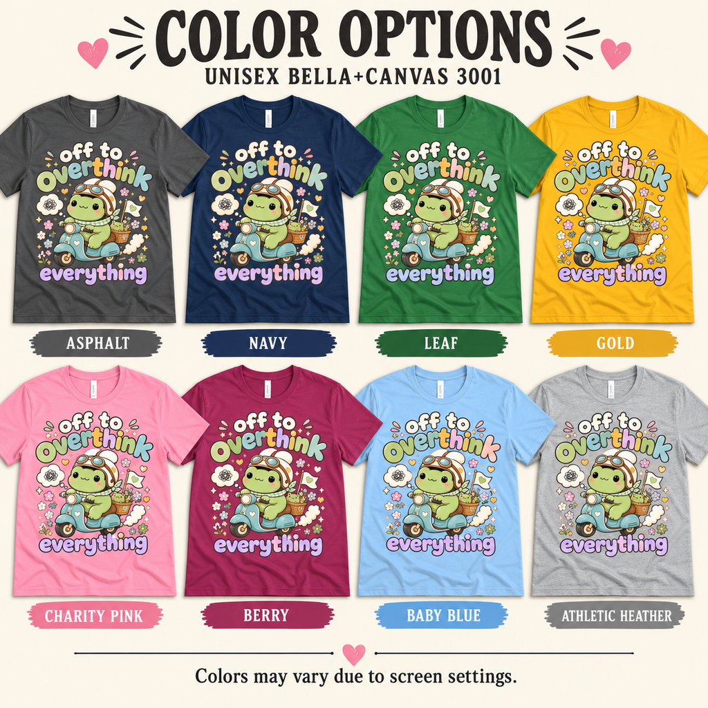 A color chart showing all the color options for Overthink Frog cute animal graphic t-shirt.