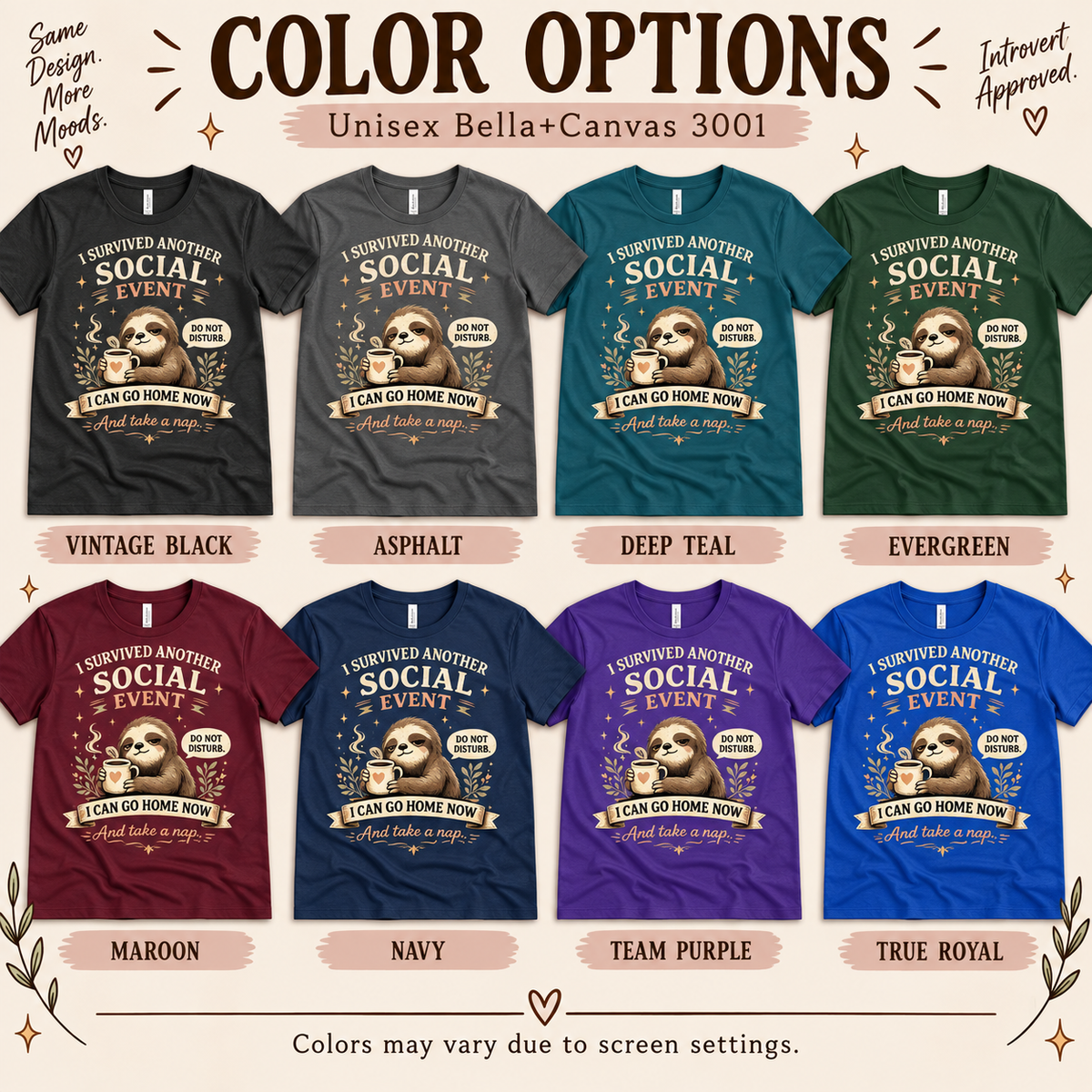 A color chart showing all the color options for I Survived cute animal graphic t-shirt.