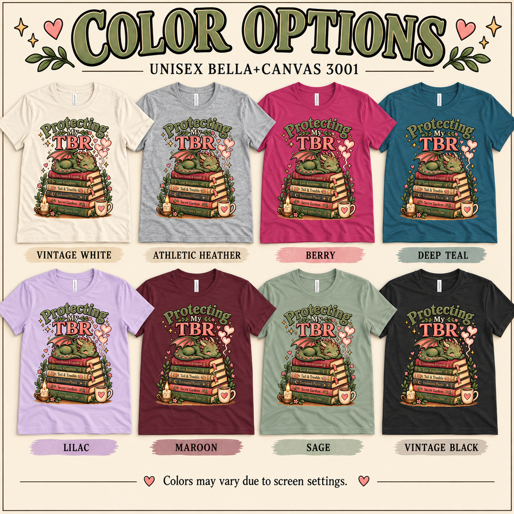 A chart showing all the colors that Protecting My TBR cute book graphic t-shirt comes in.
