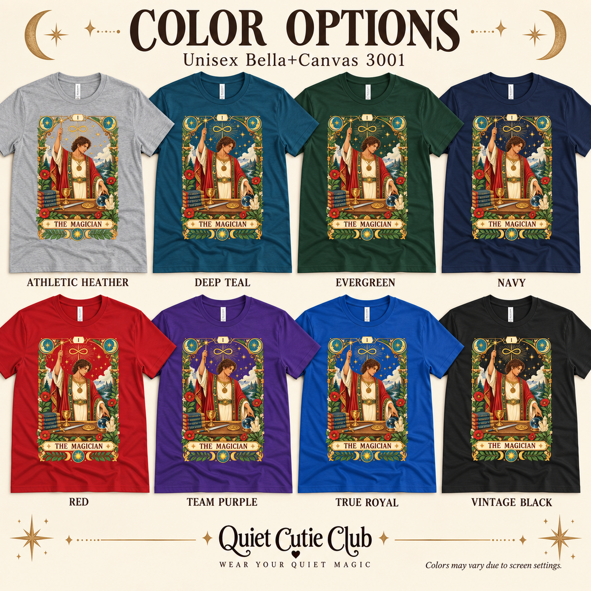 A color chart showing all the color options for The Magician tarot card graphic t-shirt.