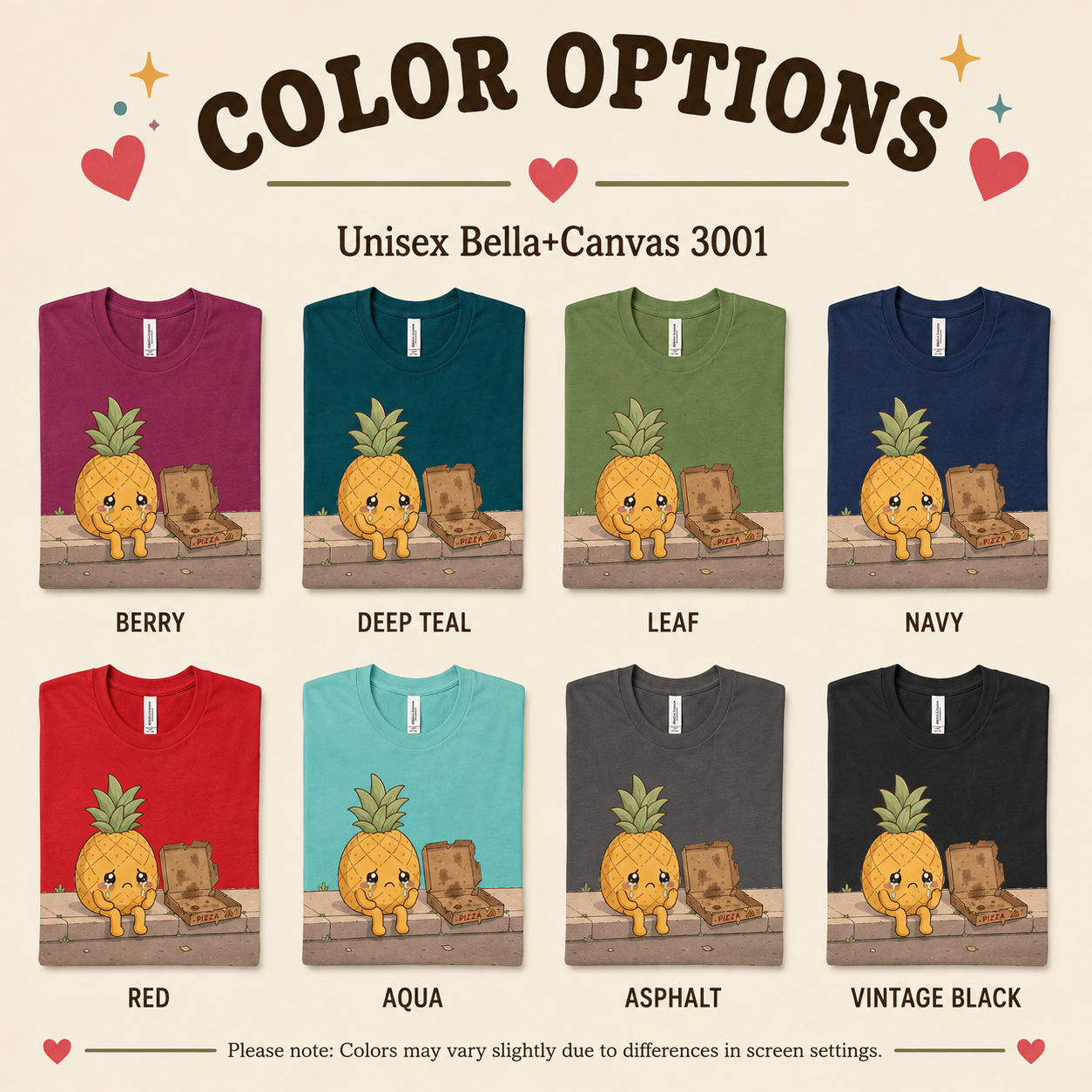 Pineapple Pizza color chart showing all color options available for this graphic t-shirt.