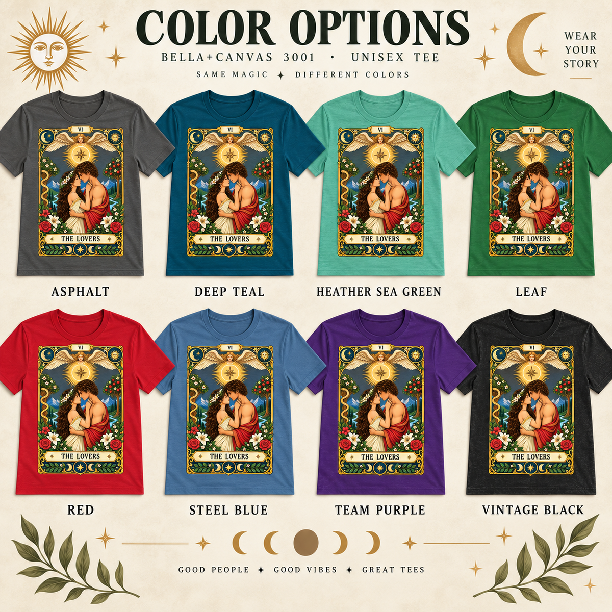 A color chart showing all the color options for The Lovers tarot card celestial graphic t-shirt comes in.