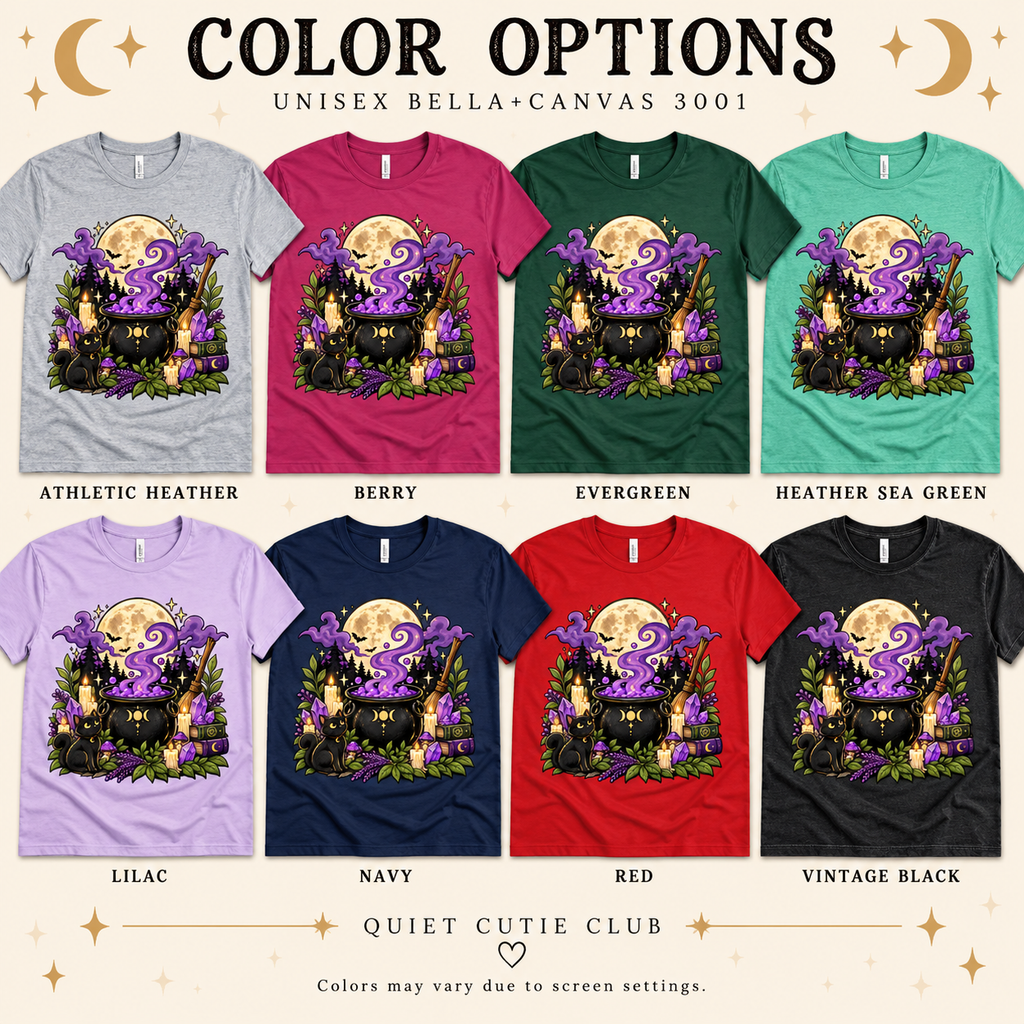 A color chart showing all the color options for the cauldron cute celestial graphic t-shirt.