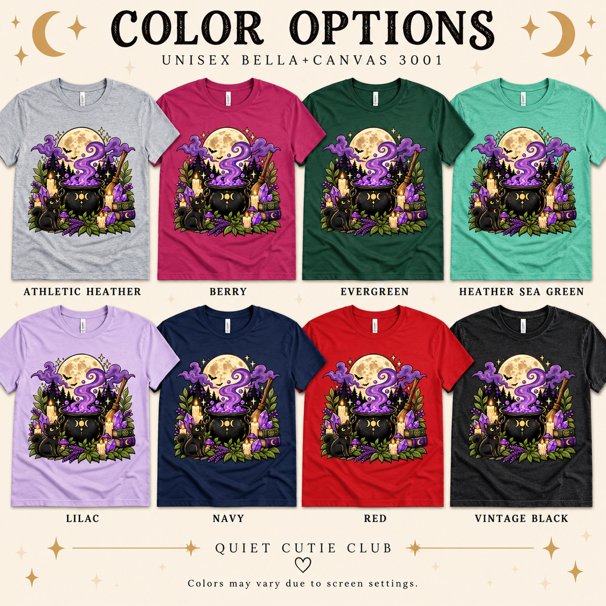 A color chart showing all the color options for the cauldron cute celestial graphic t-shirt.