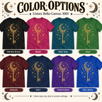 A color chart showing all the color options for Moonlight Key celestial graphic t-shirt.