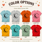A color chart showing all the color options for Quiet Comforts black print celestial graphic t-shirt.