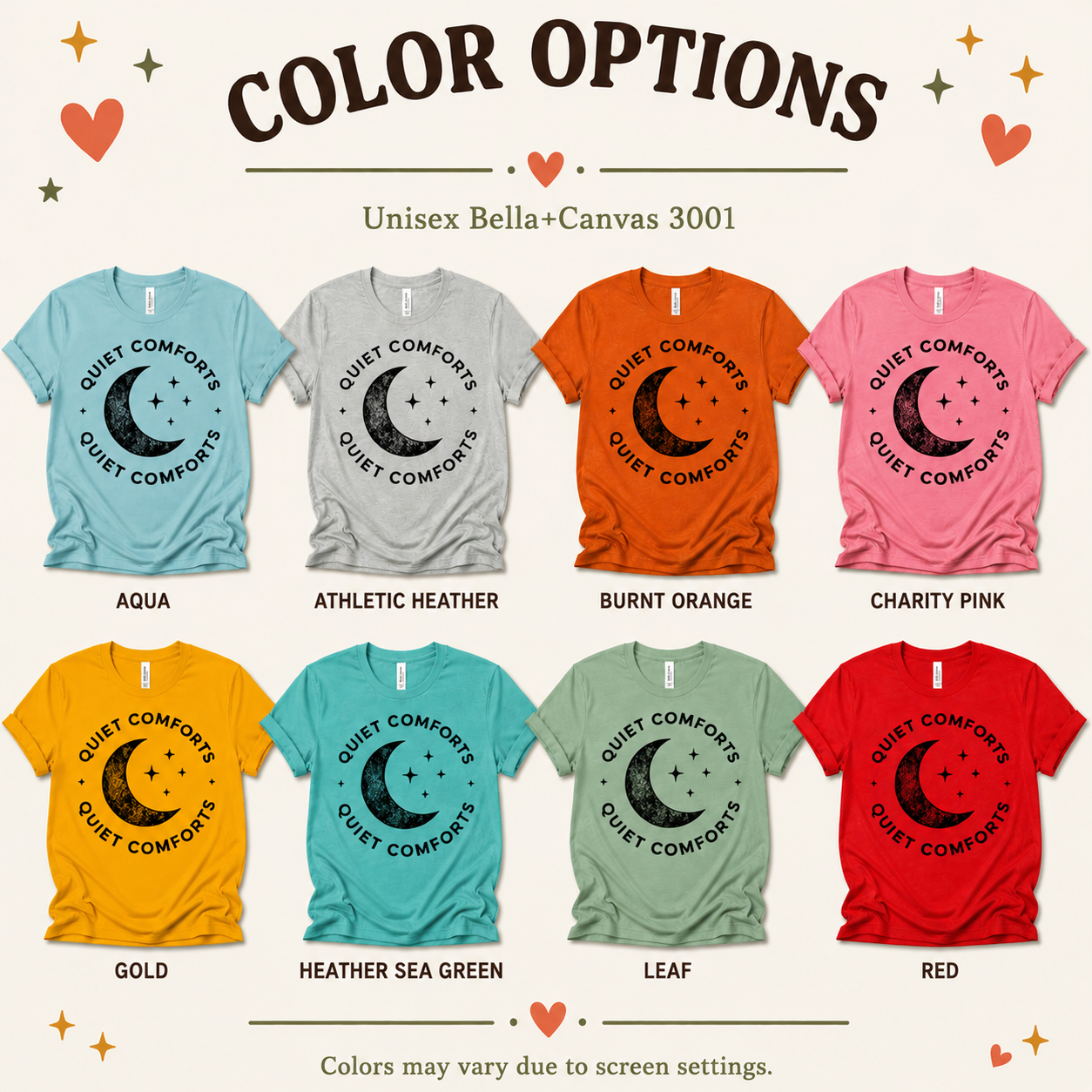 A color chart showing all the color options for Quiet Comforts black print celestial graphic t-shirt.