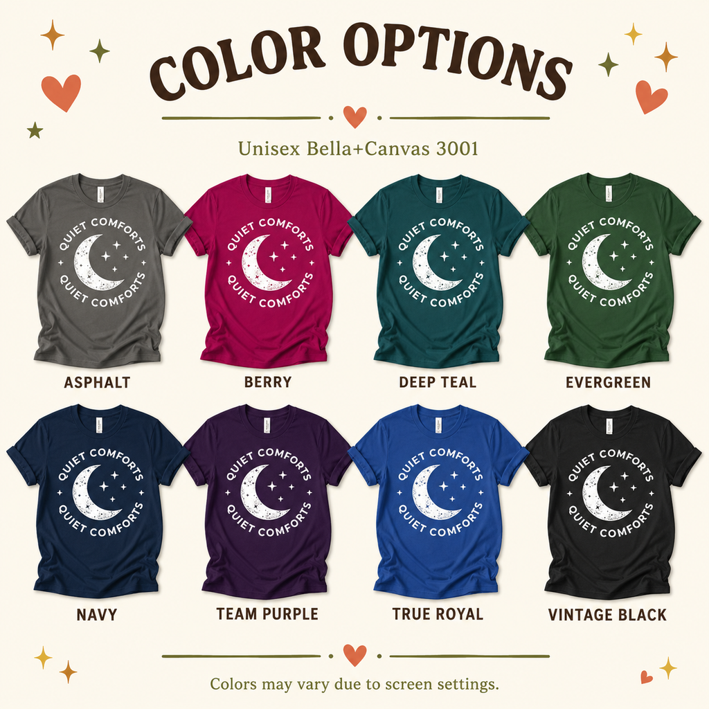 A color chart showing all the color options for Quiet Comforts celestial white print graphic t-shirt.