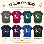 A color chart showing all the color options for Quiet Comforts celestial white print graphic t-shirt.