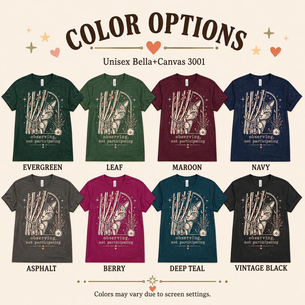 A color chart showing all the color options for Cat Observing graphic t-shirt.