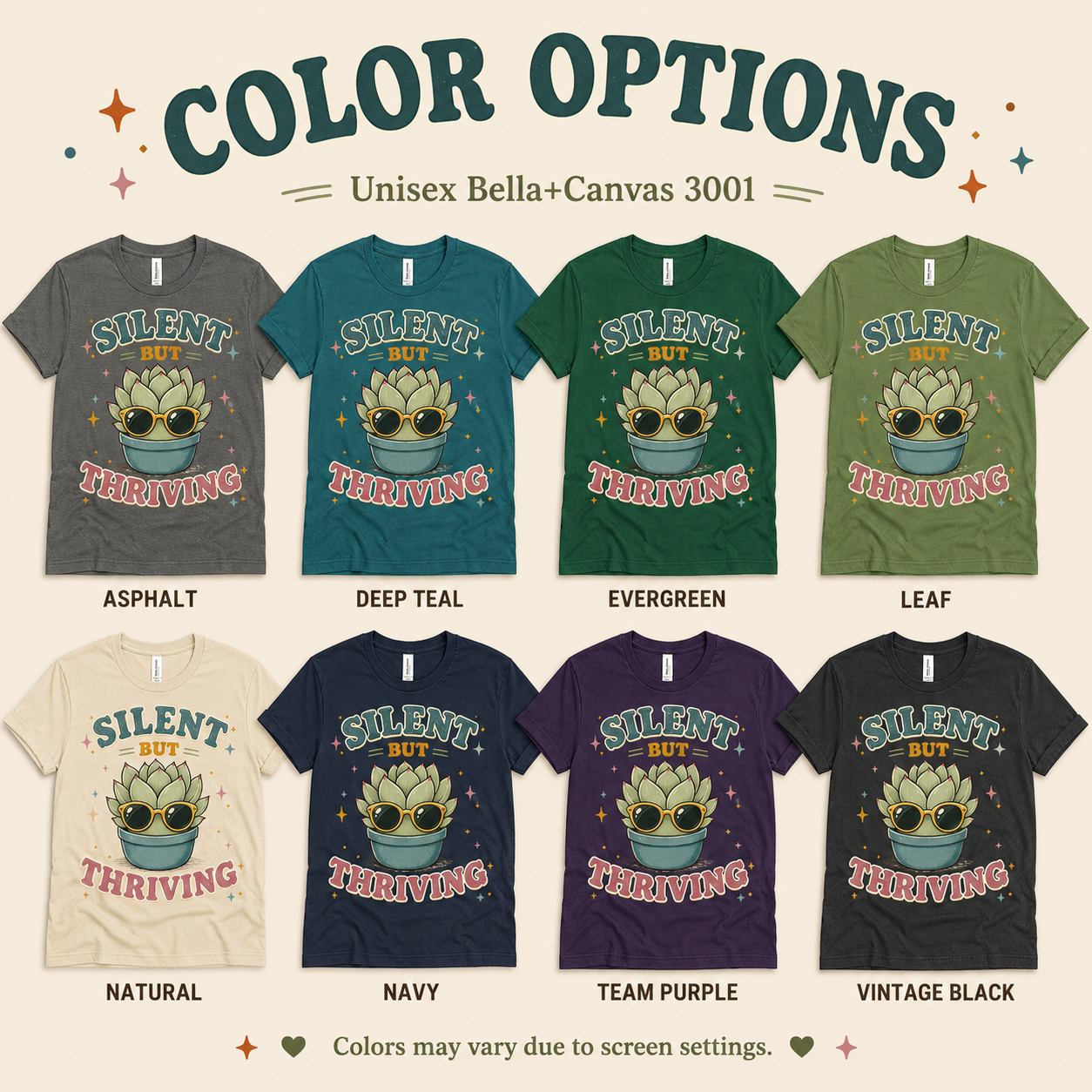 A color chart showing all the color options for Silent But Thriving funny plant graphic t-shirt.