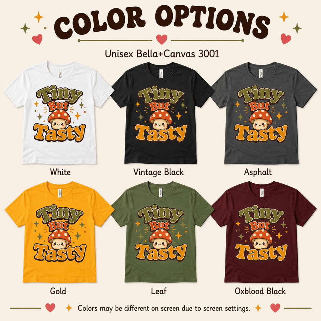 Tiny But Tasty color chart showing all color options available for this graphic t-shirt.