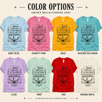 A color chart showing all the color options for Love Knows Not book quote graphic t-shirt.
