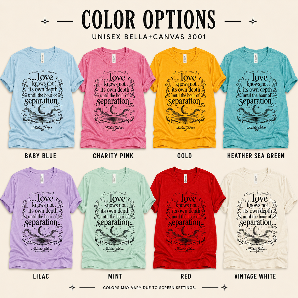 A color chart showing all the color options for Love Knows Not book quote graphic t-shirt.