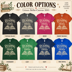 A chart showing all the colors that Reading Since funny book graphic t-shirt comes in.
