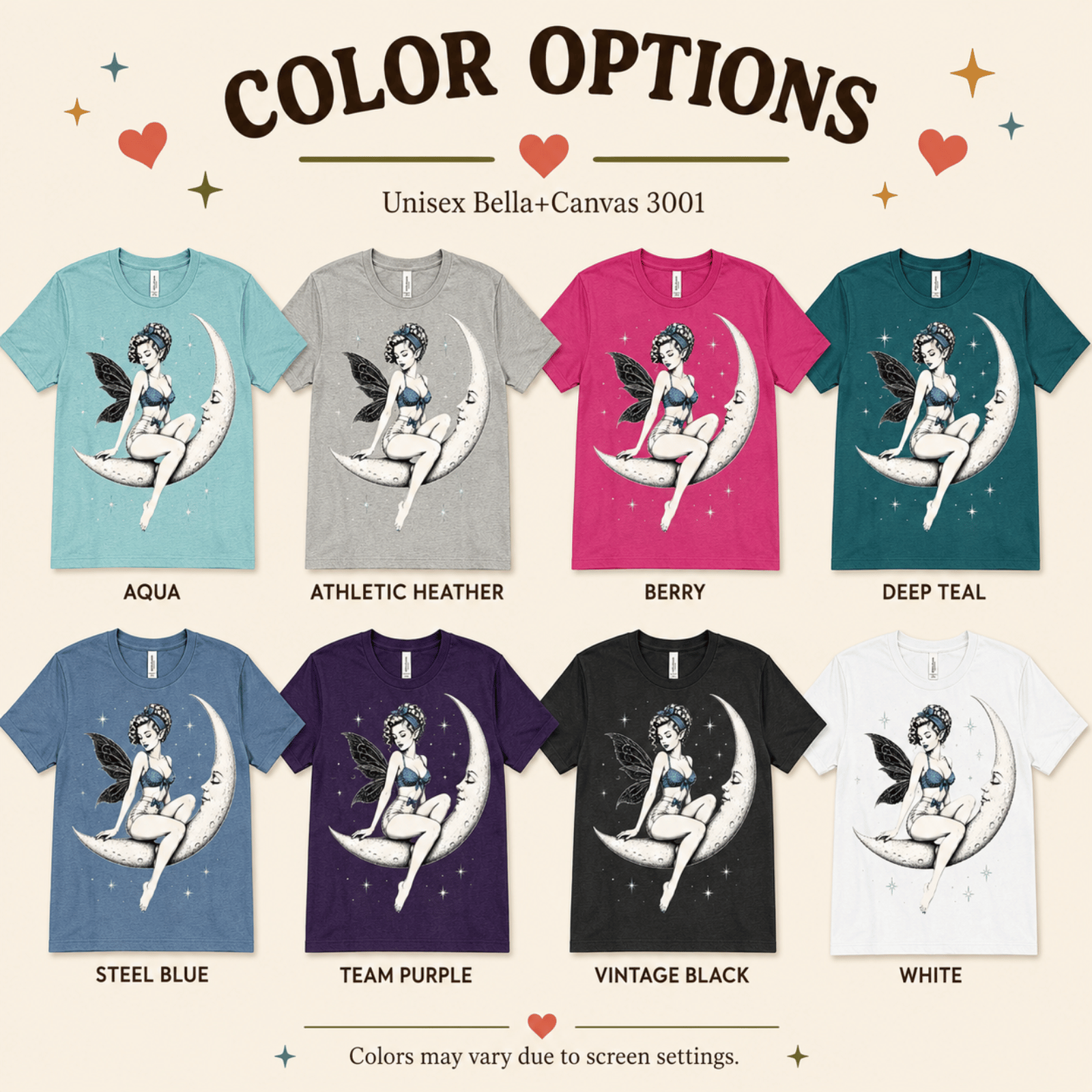A color chart showing all the color options for Moonlit Fairy graphic t-shirt.