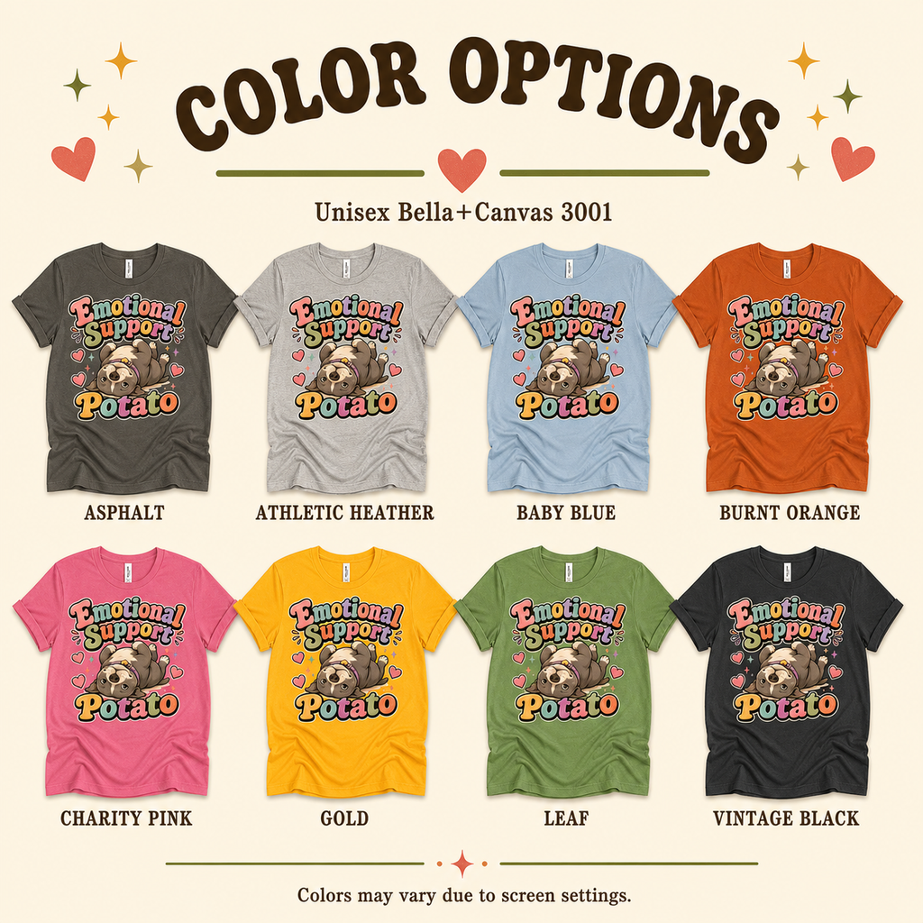 A color chart showing all the color options for Emotional Support Potato cute animal graphic t-shirt.