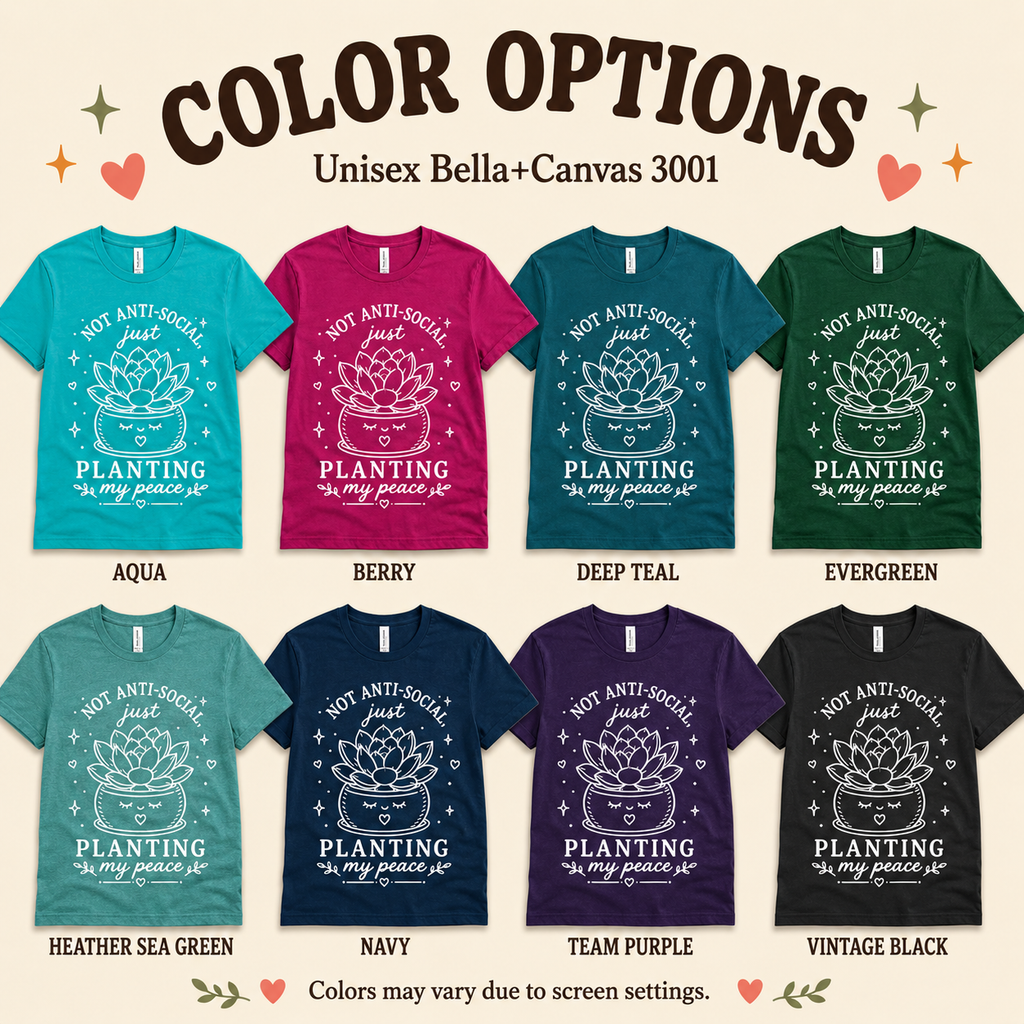 A color chart showing all the color options for Planting My Peace cute succulent graphic t-shirt.