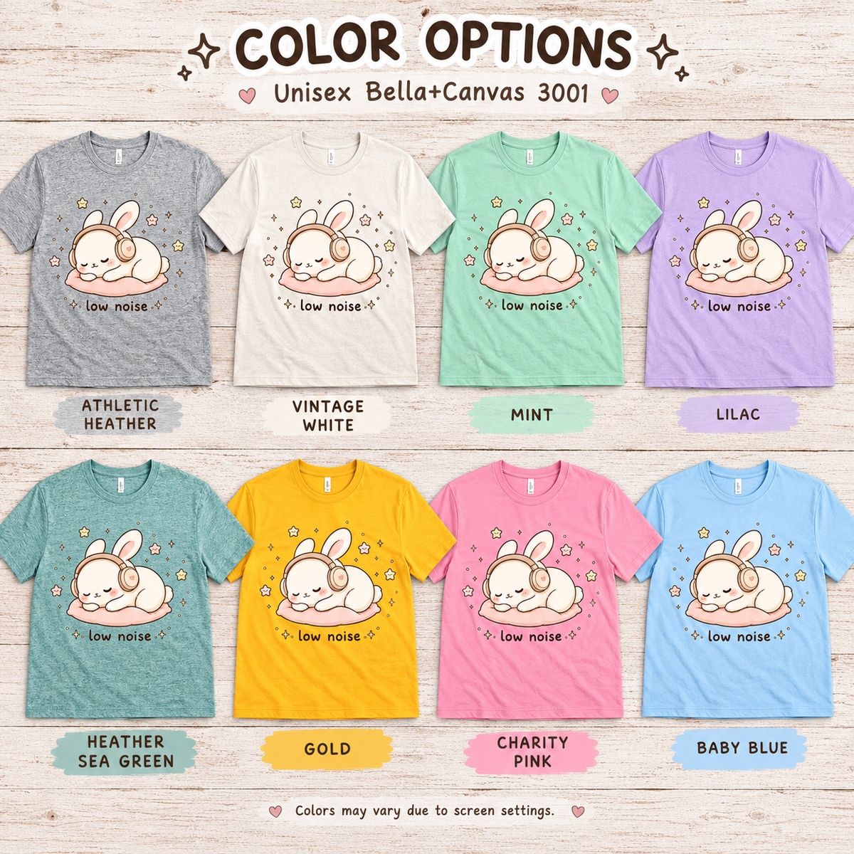 A color chart showing all the color options for Low Noise Bunny cute animal graphic t-shirt.