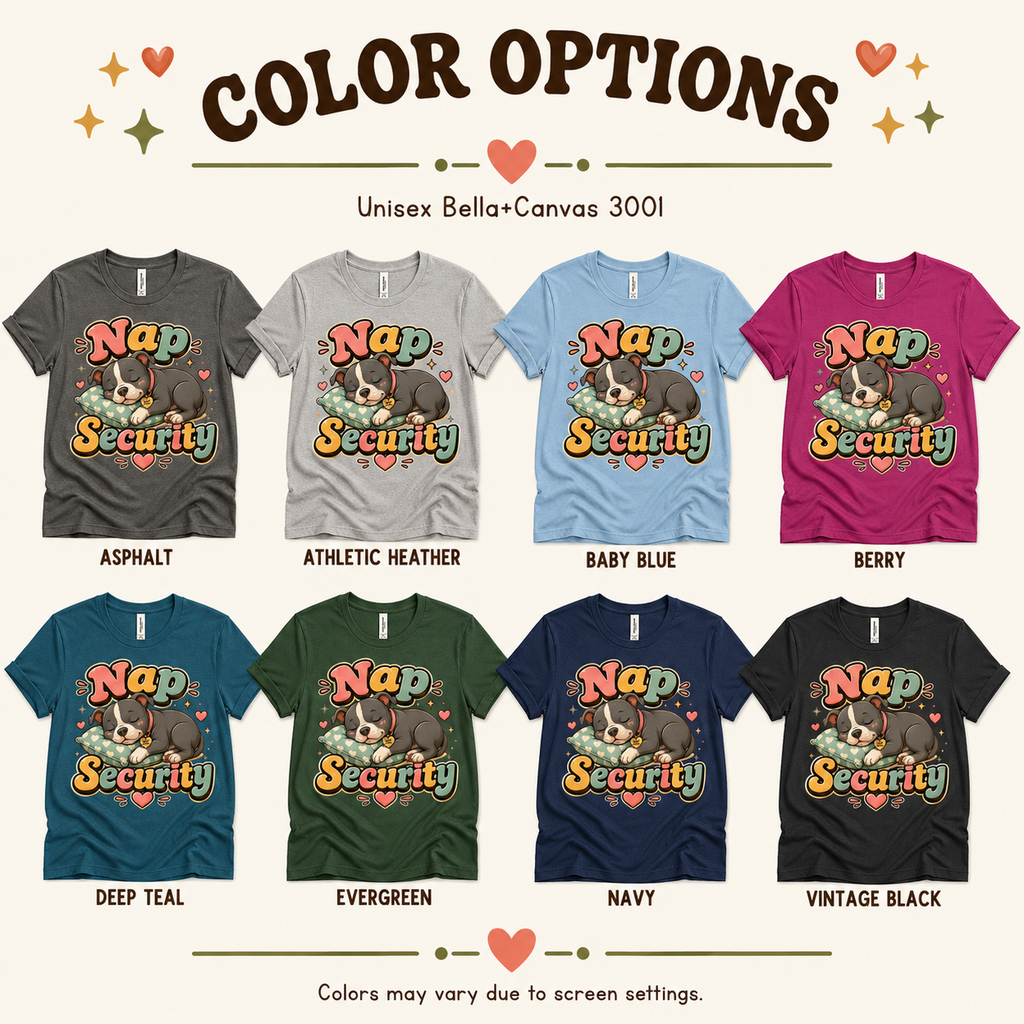 A color chart showing all the color options for Nap Security cute animal graphic t-shirt.