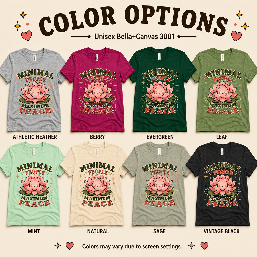 A color chart showing all the color options for Minimal People cute plant graphic t-shirt.