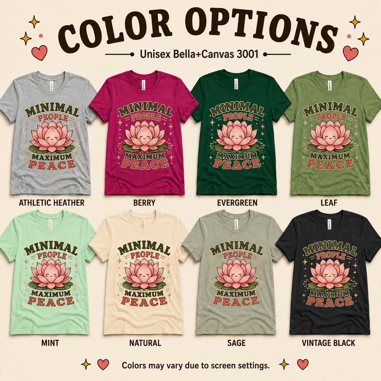 A color chart showing all the color options for Minimal People cute plant graphic t-shirt.