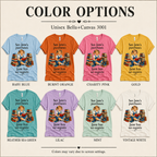 A color chart showing all the color options for Jane's Purchases vintage book graphic t-shirt.