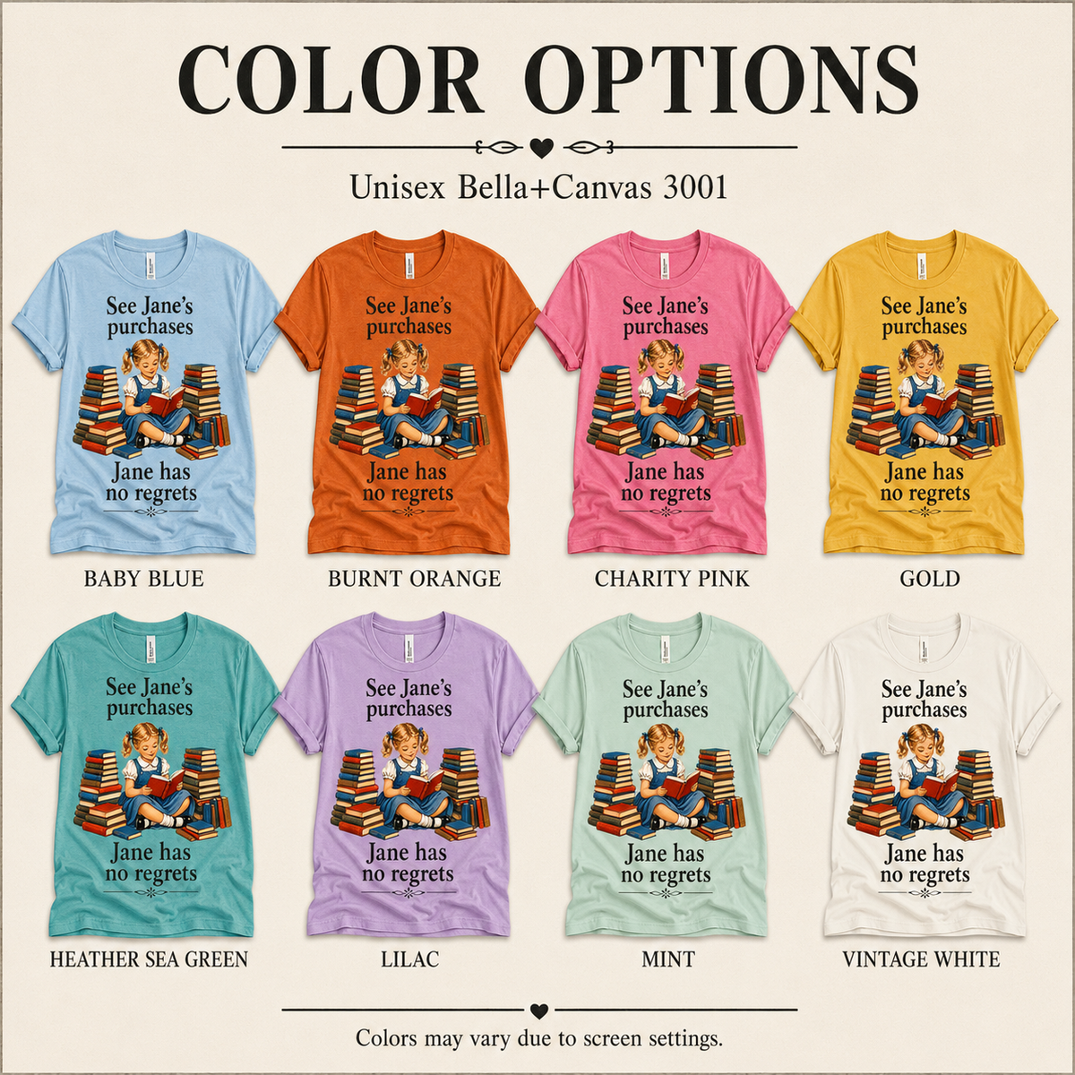 A color chart showing all the color options for Jane's Purchases vintage book graphic t-shirt.