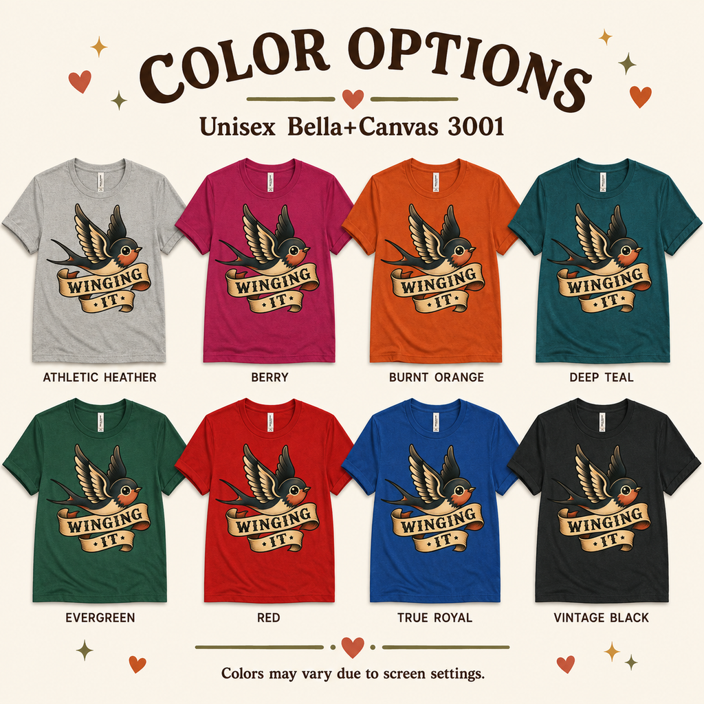 A color chart showing all the color options for Winging It cute animal graphic t-shirt.
