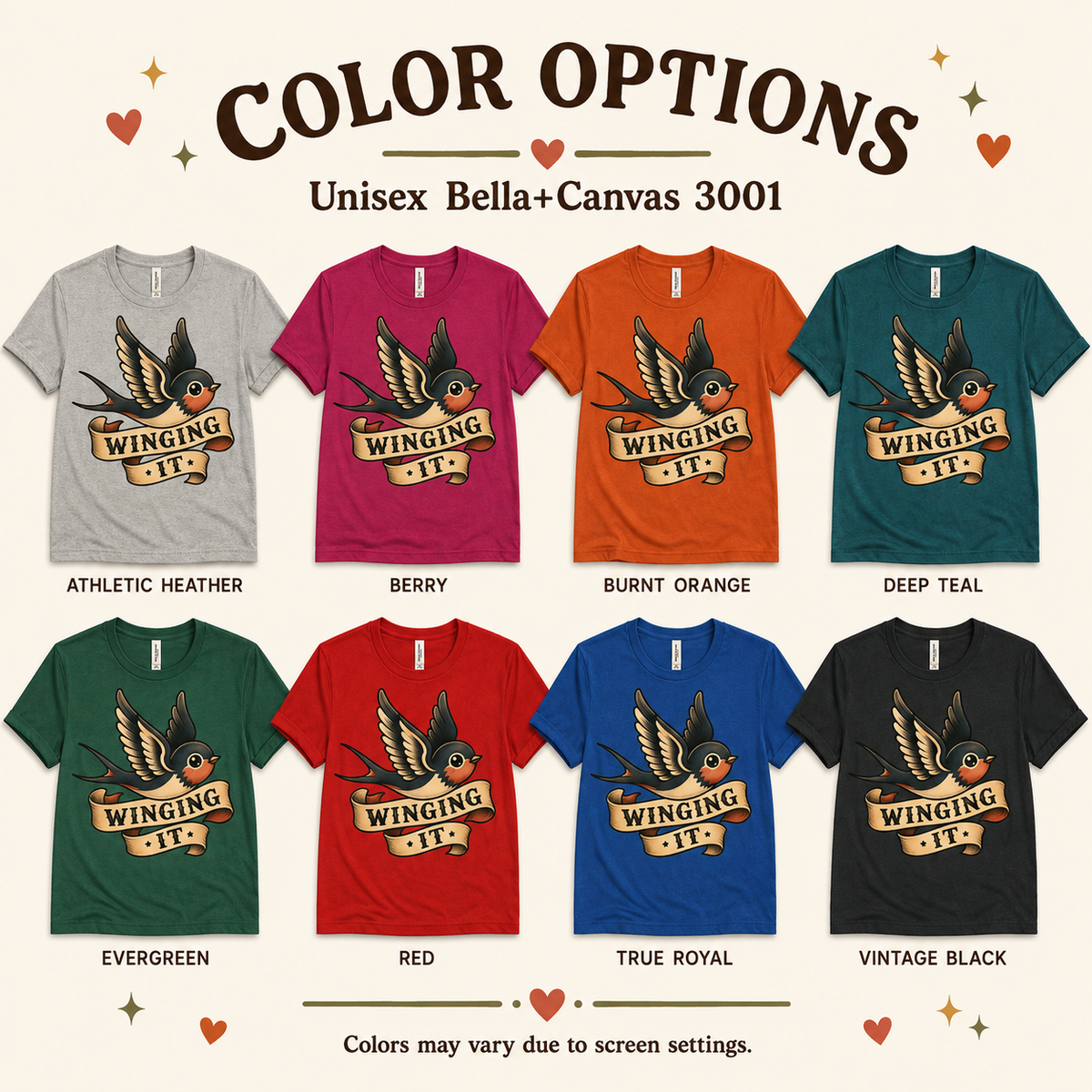 A color chart showing all the color options for Winging It cute animal graphic t-shirt.