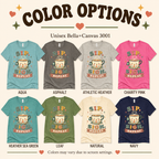 A color chart showing all the color options for Sip. Sigh. Repeat. coffee graphic t-shirt.