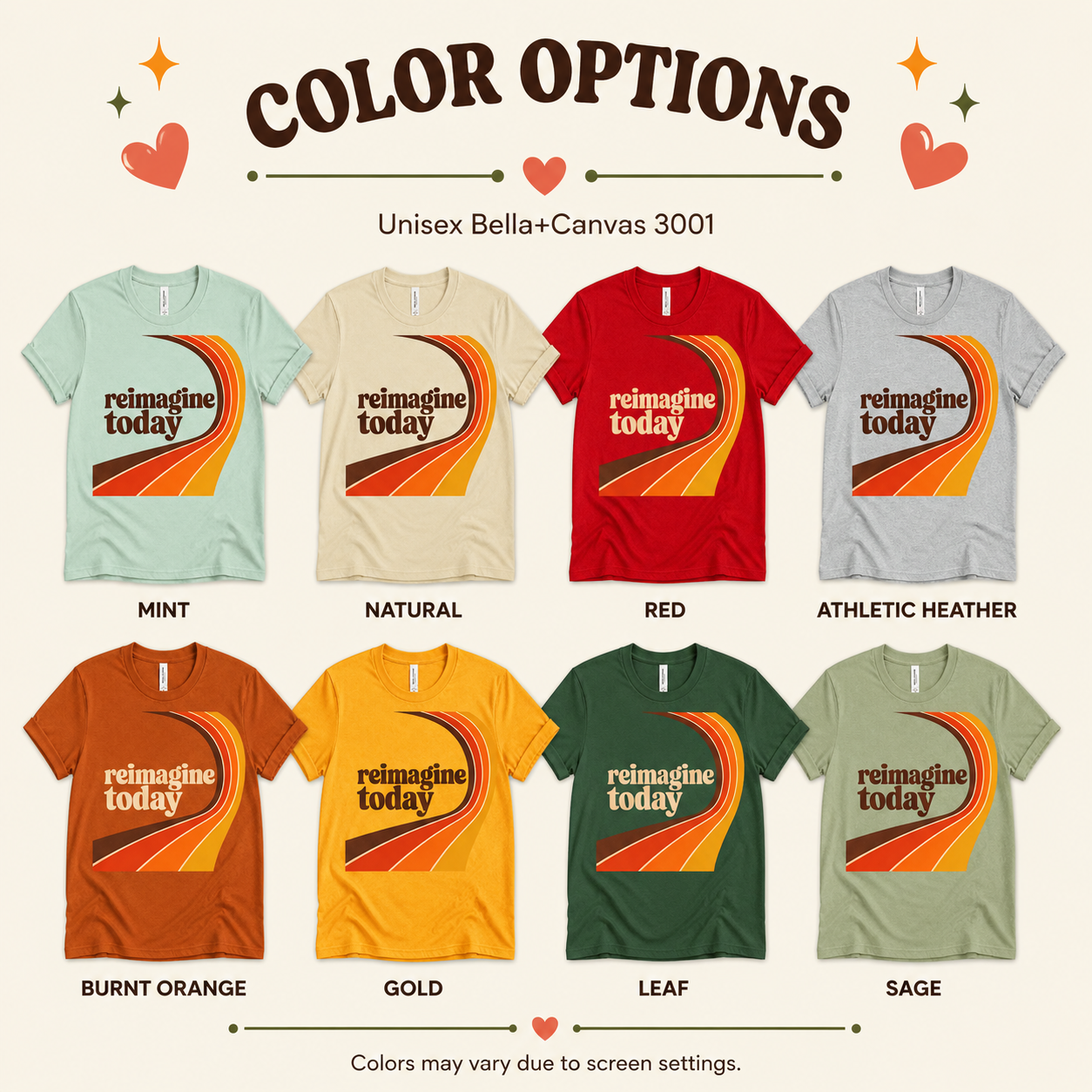 A color chart showing all the color options for Reimagine Today inspirational introvert graphic t-shirt.