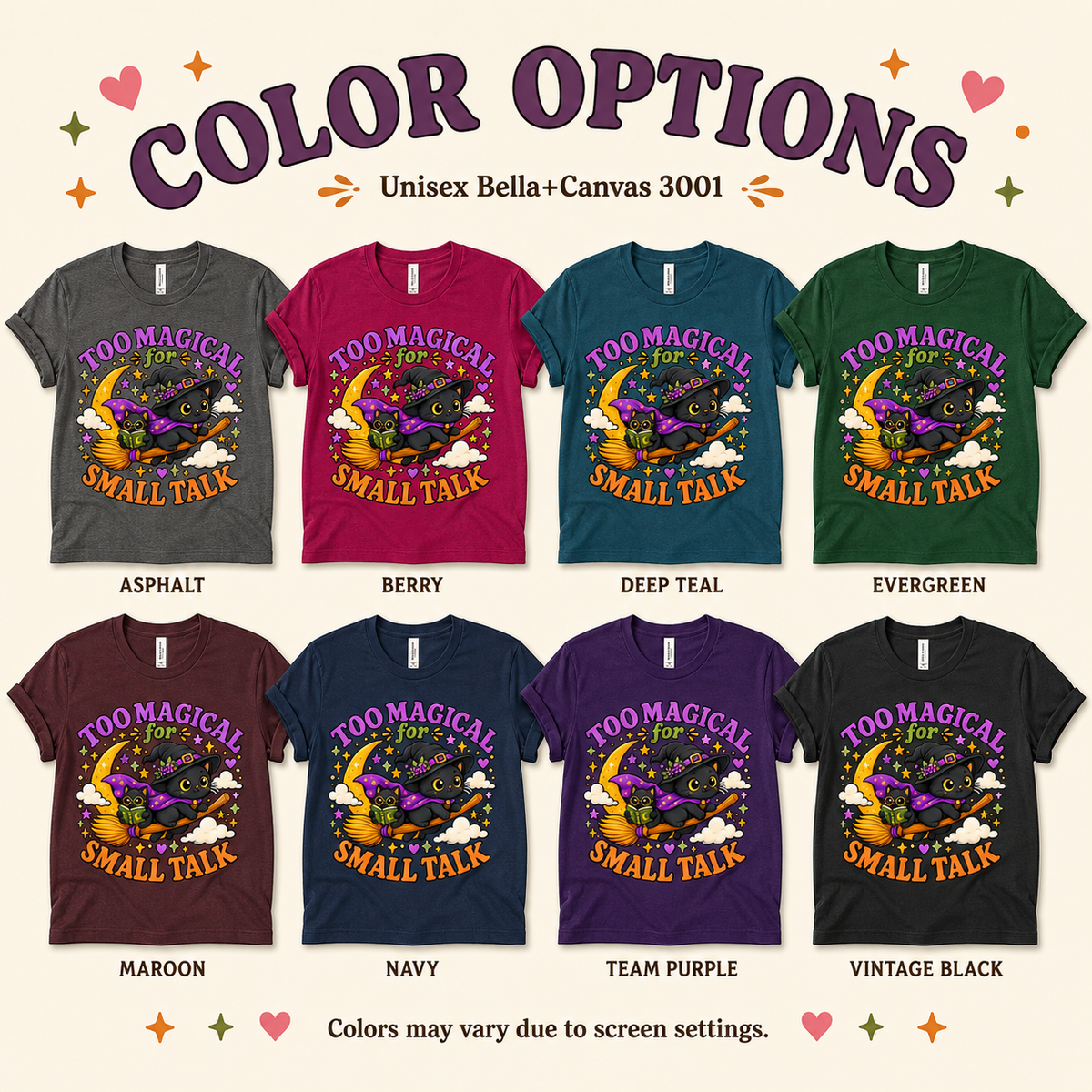 A color chart showing all the color options for Too Magical cute celestial graphic t-shirt.