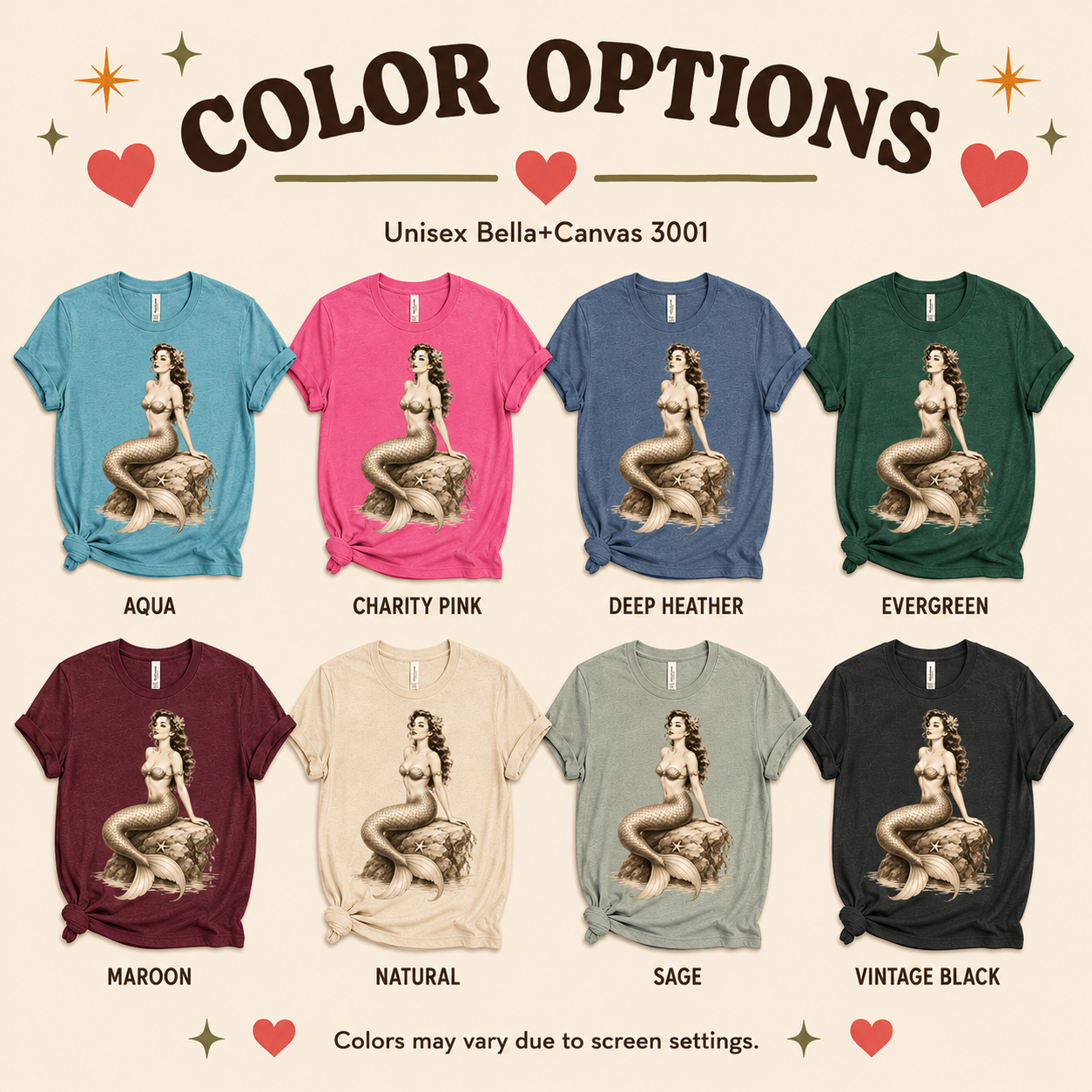 Beach Mermaid color chart showing all color options available for this graphic t-shirt.
