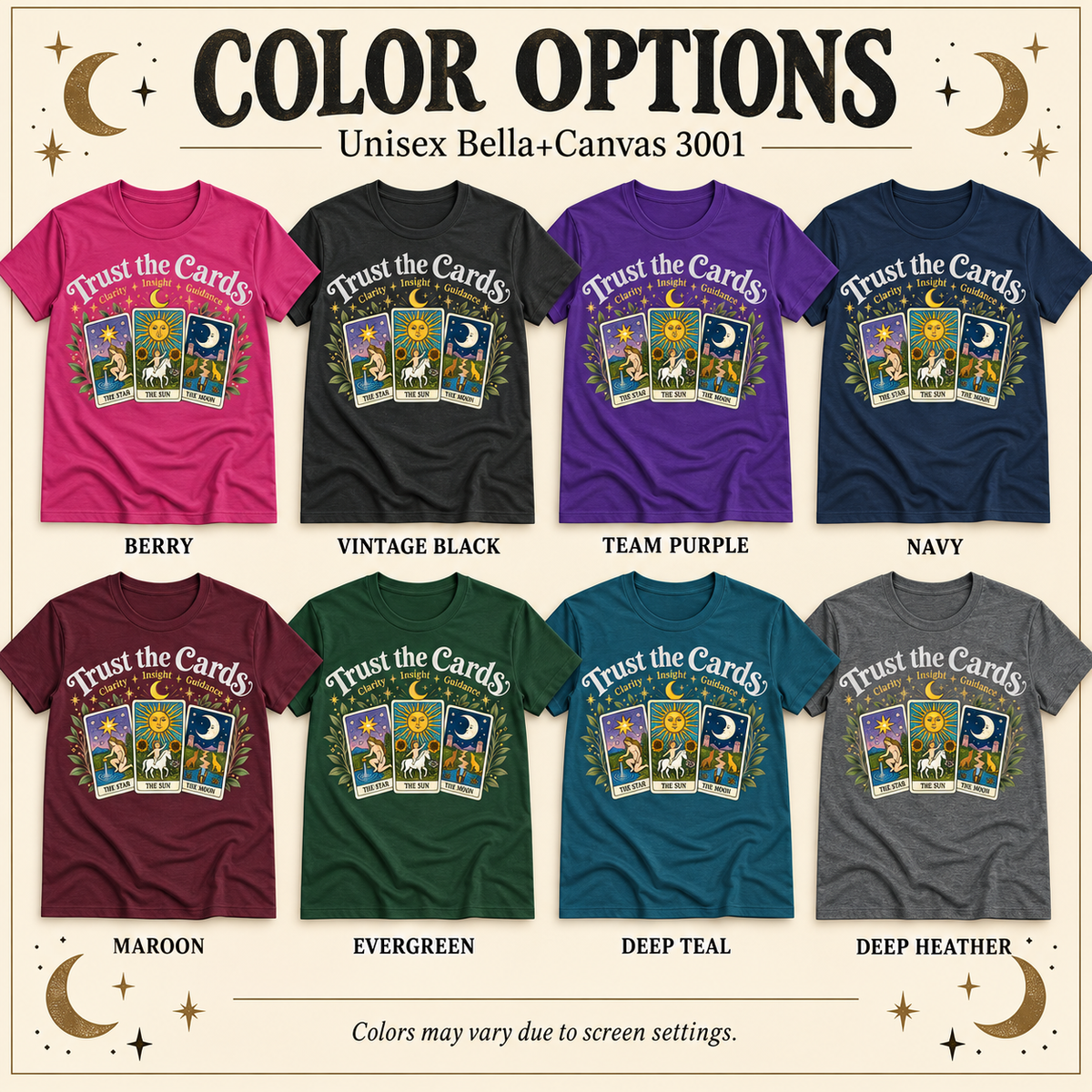 A color chart showing all the color options for Trust The Cards mystical graphic t-shirt.