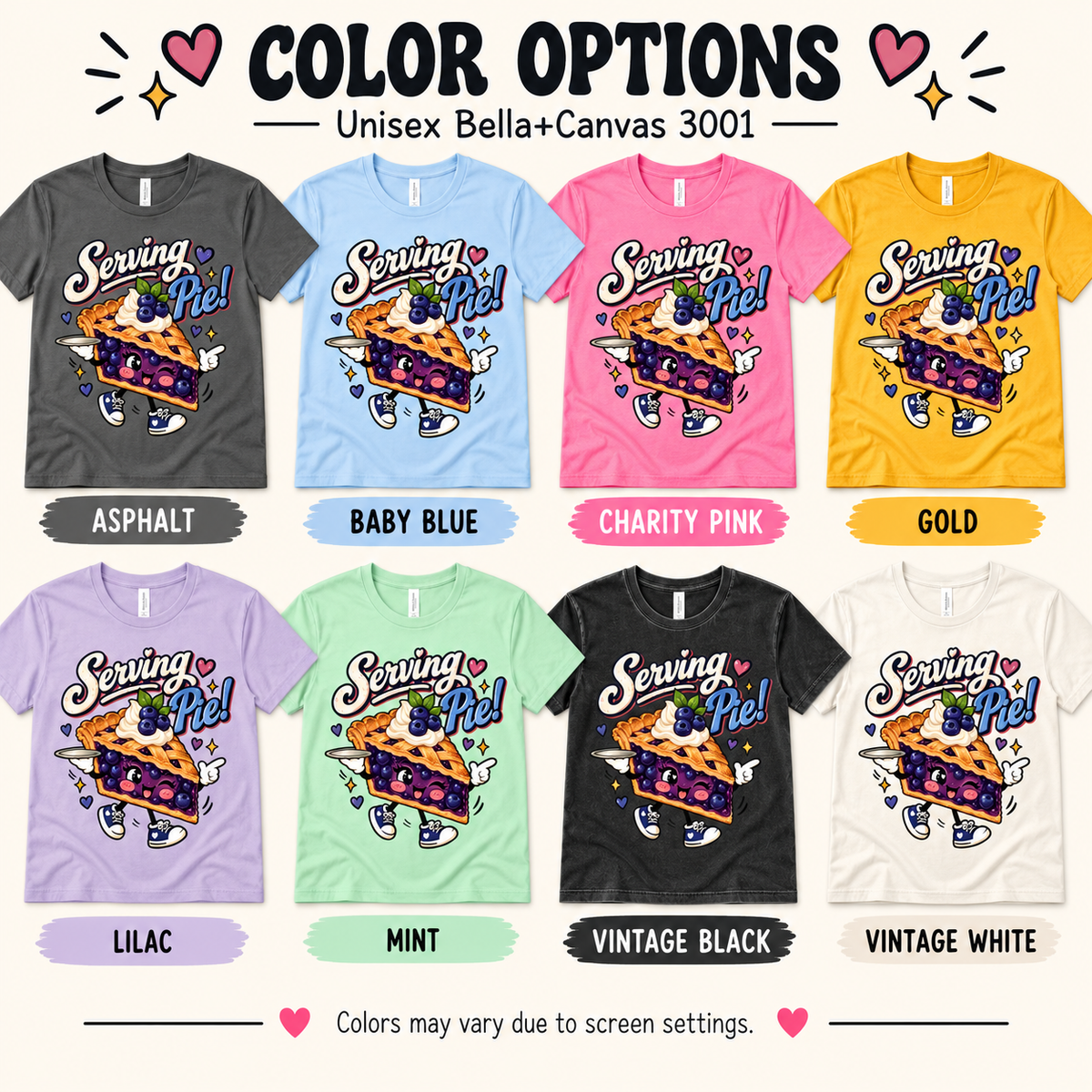 A color chart showing all the color options for Serving Pie retro food graphic t-shirt.