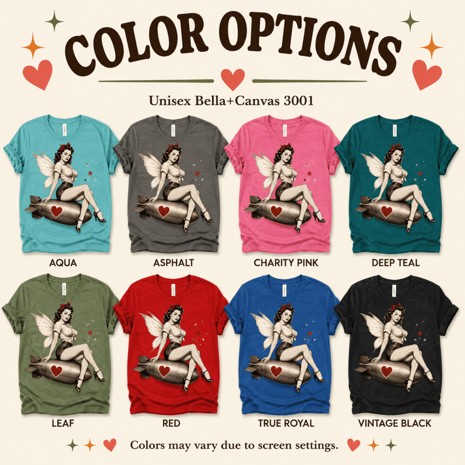 A color chart showing all the color options for Love Bomb graphic t-shirt.