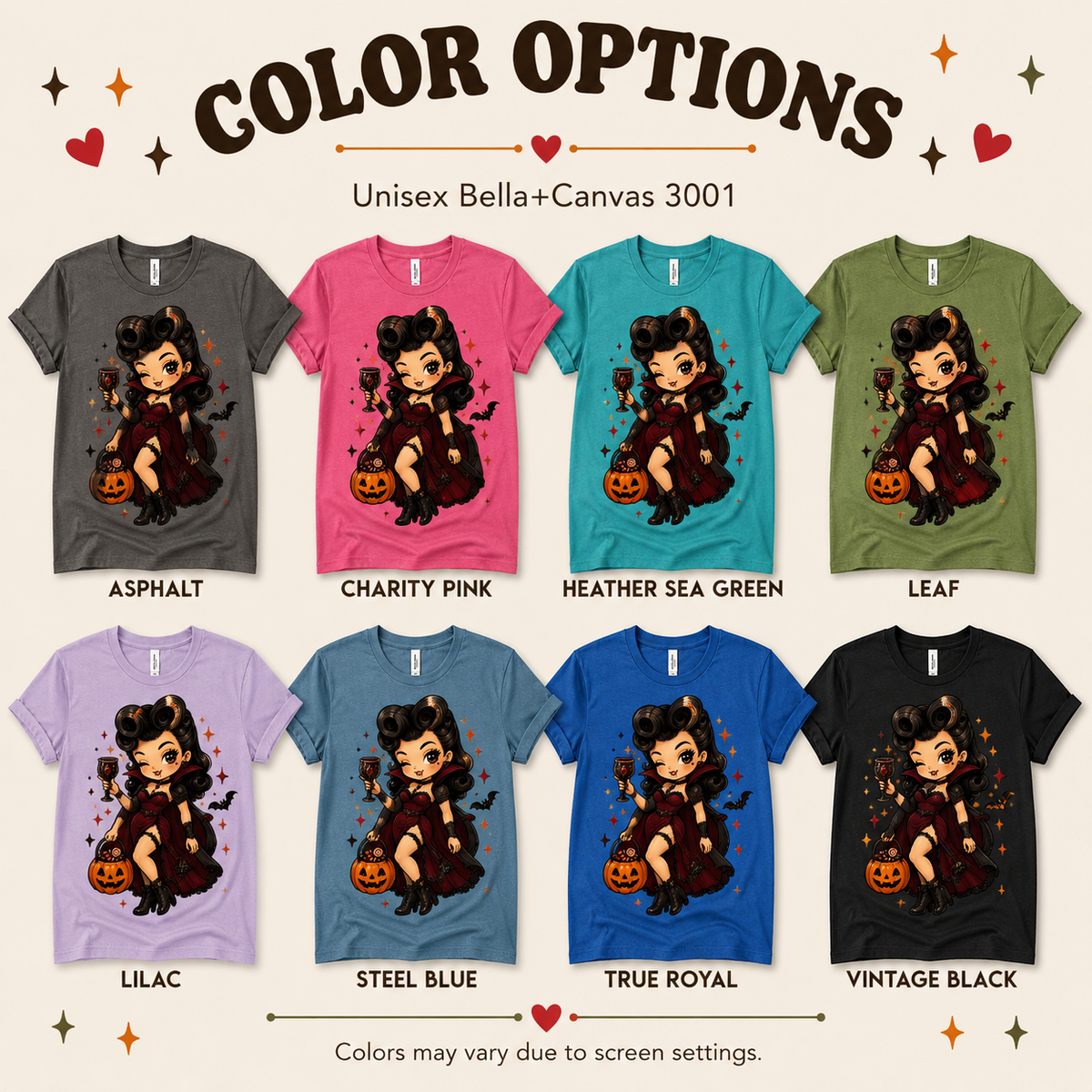 A color chart showing all the color options for Vampire Vanessa halloween pinup graphic t-shirt.