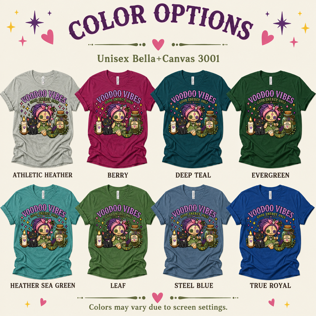 A color chart showing all the color options for Voodoo Vibes cute magical graphic t-shirt.
