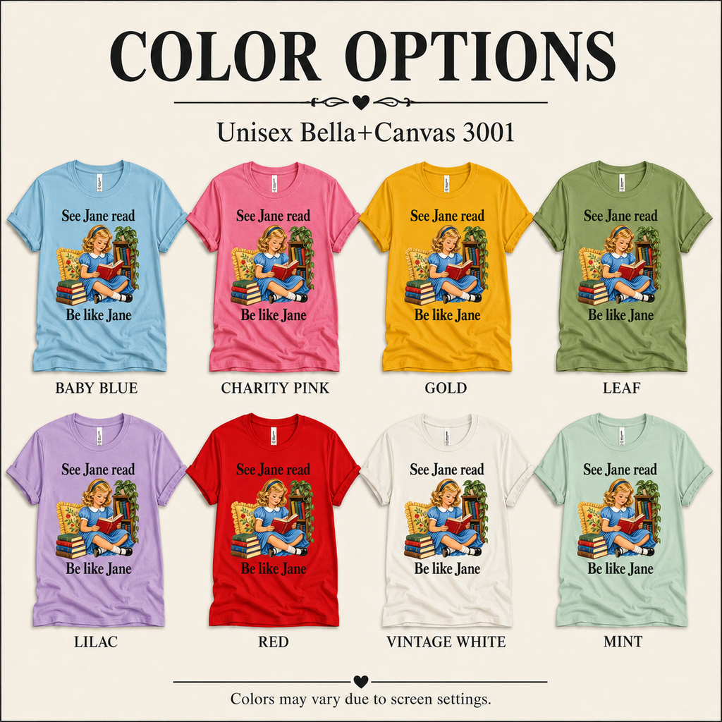 A color chart showing all the color options for See Jane Read vintage book graphic t-shirt.
