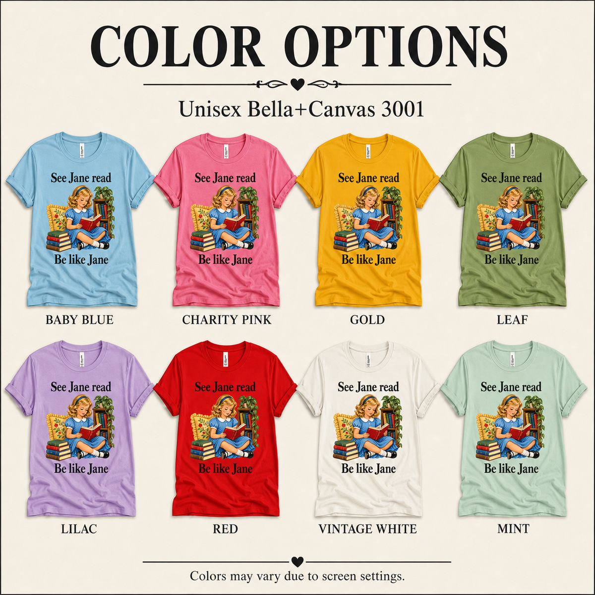 A color chart showing all the color options for See Jane Read vintage book graphic t-shirt.