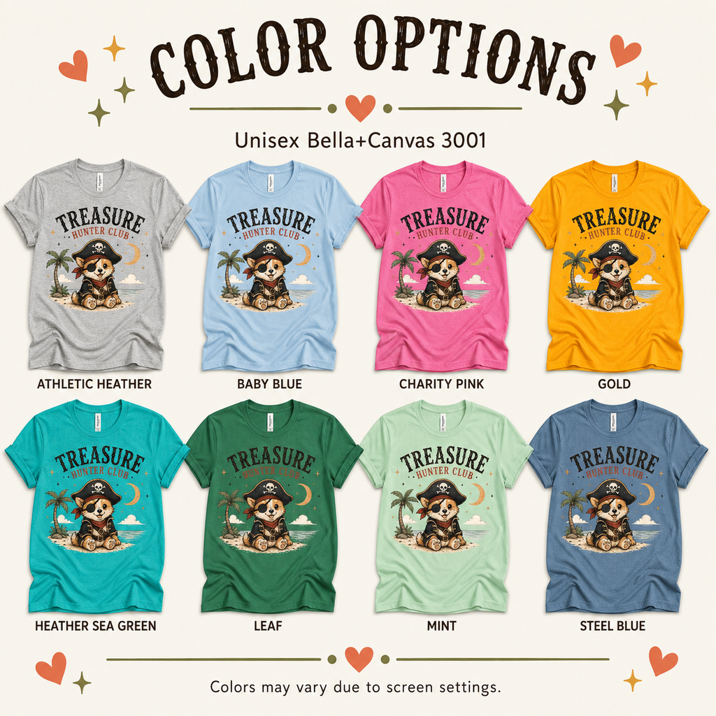 A color chart showing all the color options for Treasure Hunter Club cute animal graphic t-shirt.