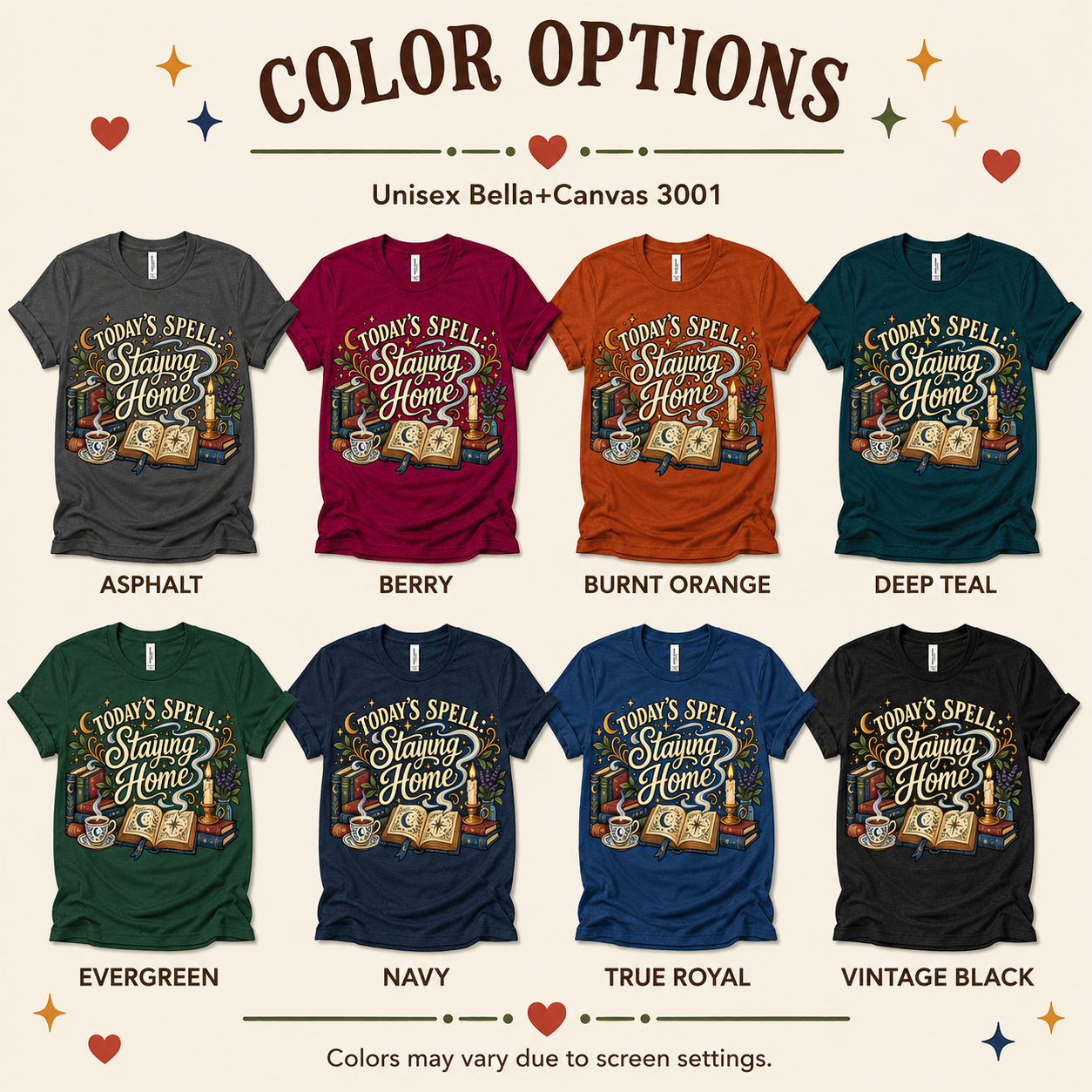 A color chart showing all the color options for Today's Spell witchy celestial graphic t-shirt.
