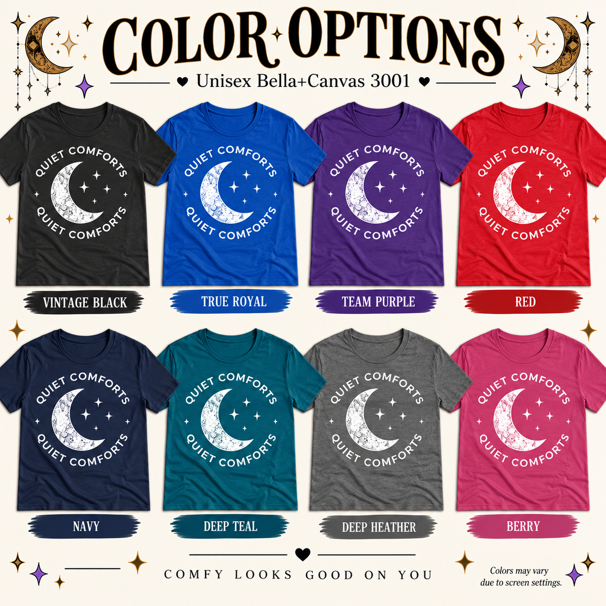 A color chart showing all the color options for Quiet Comforts celestial graphic t-shirt.