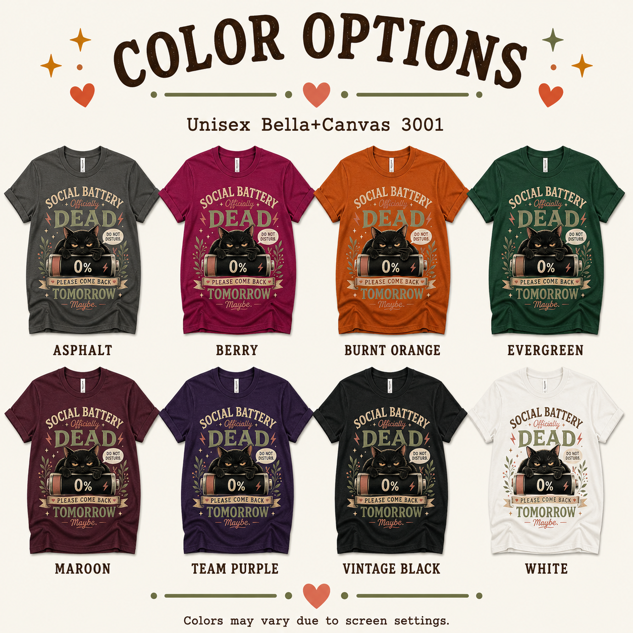 A color chart showing all the color options for Social Battery Dead funny introvert graphic t-shirt.