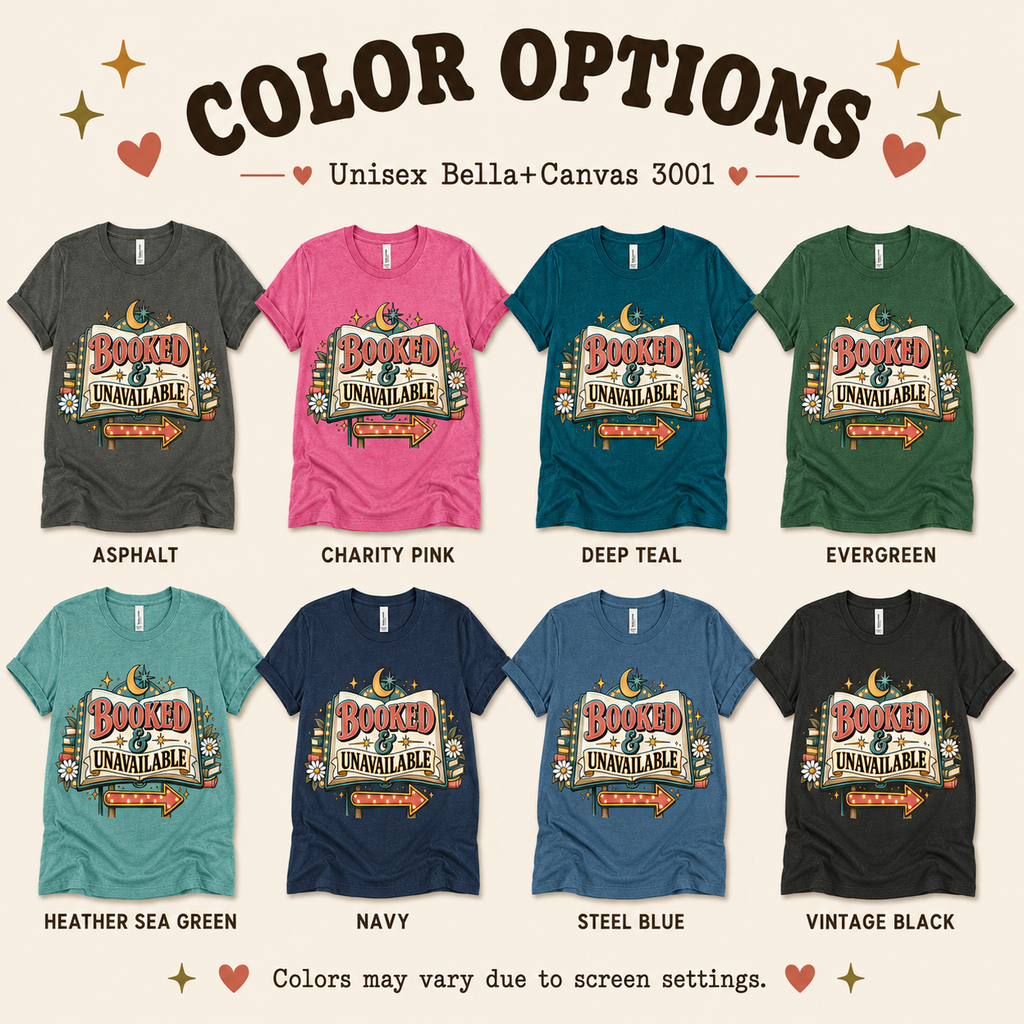 A color chart showing all the color options for Booked & Unbothered cute book graphic t-shirt.