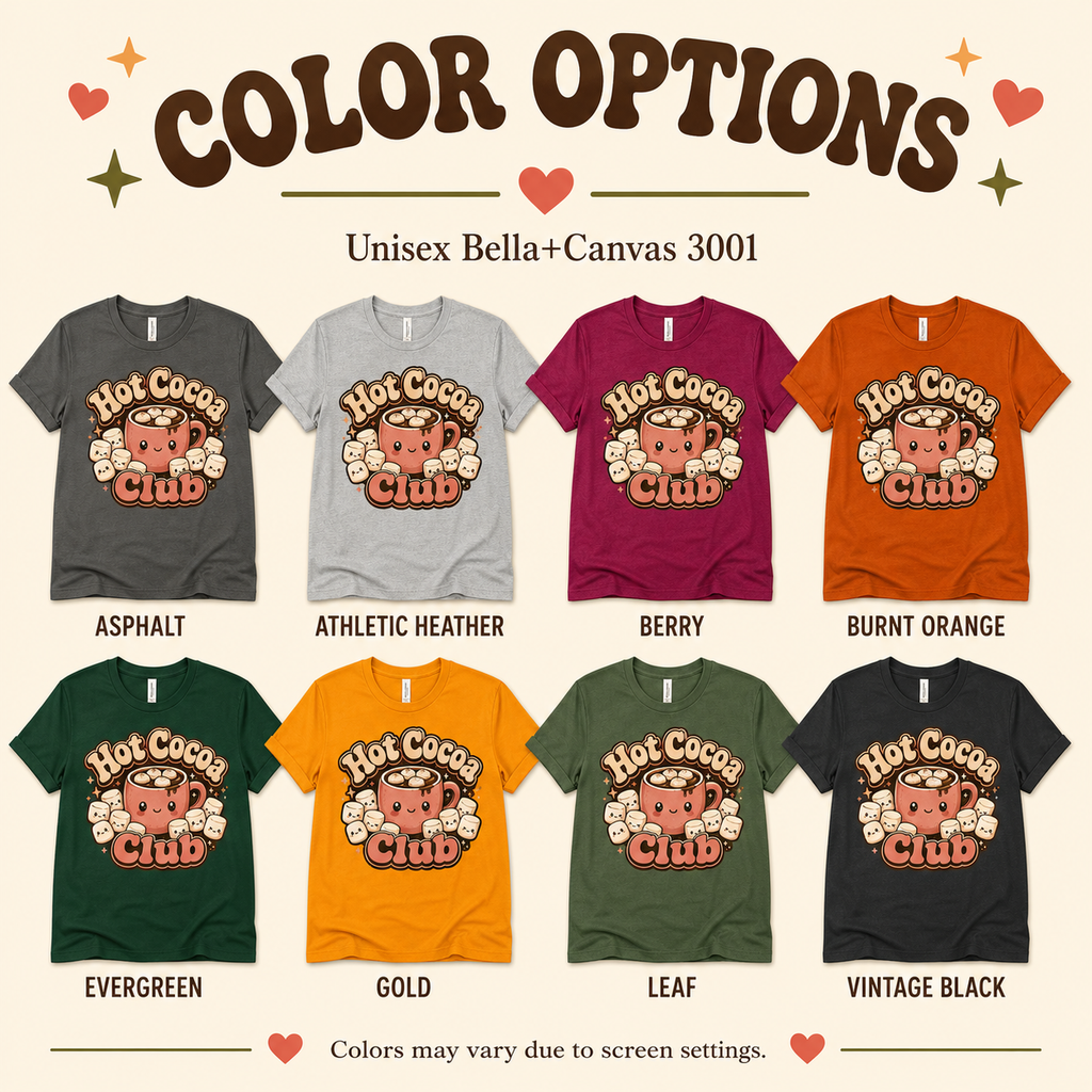A color chart showing all the color options for Hot Cocoa Club graphic t-shirt.